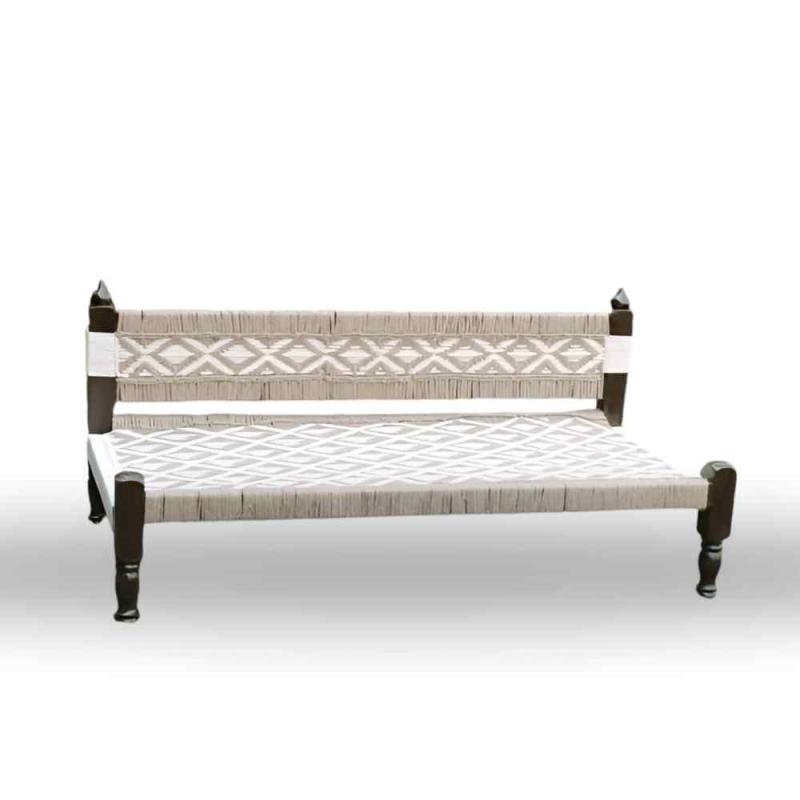 Wooden White Beige Jute Charpai with Backrest