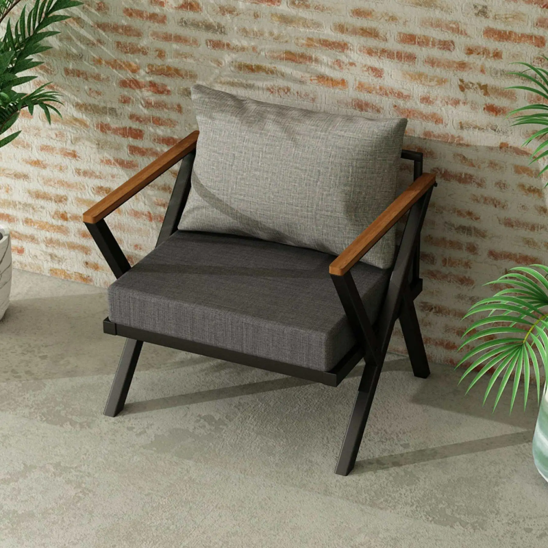 Luxe Garden Accent Armchair | Metal Wooden Sofa Chair  | Patio Garden Sofa
