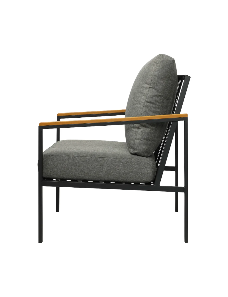 Charcoal Elegance Metal Lounge Chair With Solid Wood Armrest | Upholstered Armchai...
