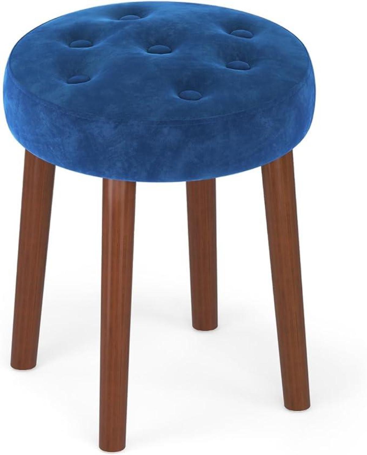 Luxury Blue Tufted Stool with Wooden Legs