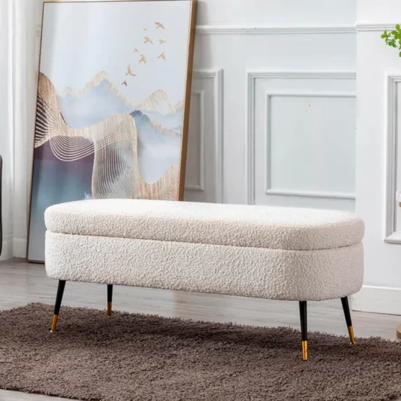 Luxury White Upholstered Storage Ottoman Bench