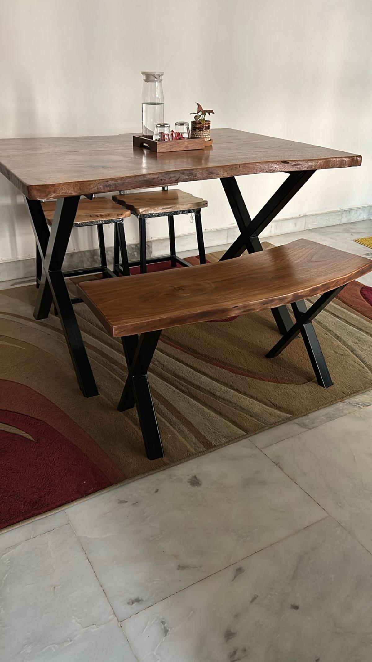 Woodensure Live Edge Solid Wood Dining Table with Bench & 2 Chairs – Stylish & Stu...