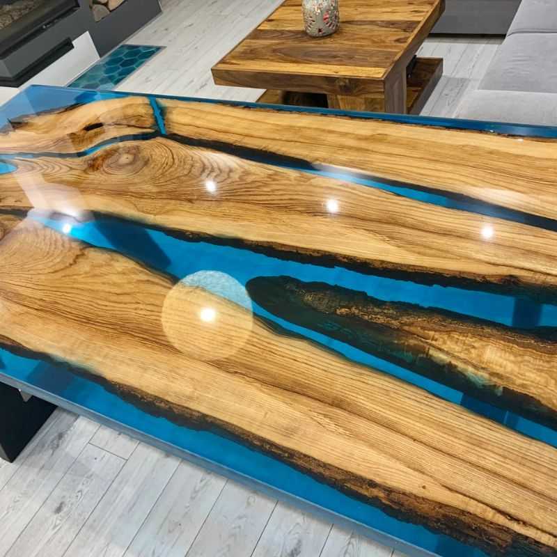 Modern Epoxy Resin River Dining Table | Blue Transparent River Table with Solid Wo...