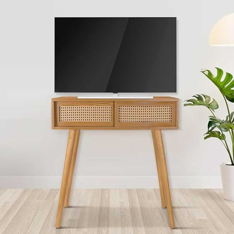 Rustic Boho Style Wooden Console Table with Rattan Sliding Drawers