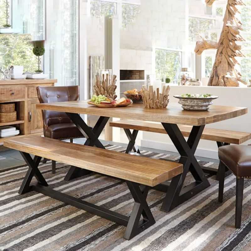 Acacia Wood Dining Table Set | Industrial X-Leg Design | Natural Matte Finish | Di...