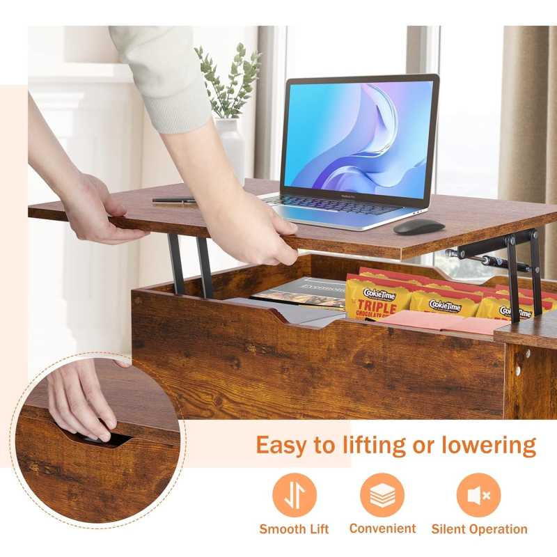 Modern Lift-Top Center Table with Hidden Storage & Side Shelves – Rustic Finish