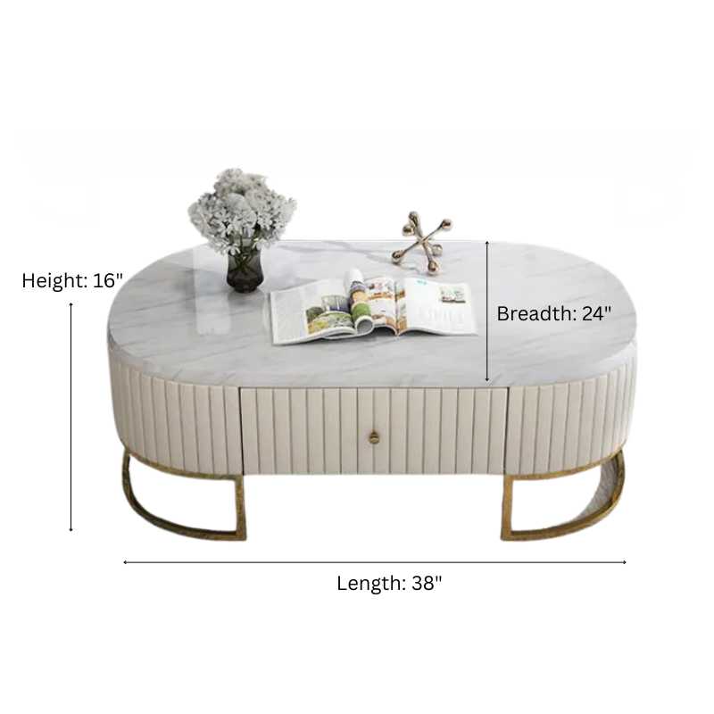 Sera Coffee Table | White Marble Top with Gold Legs | Textured Storage | Living Ro...