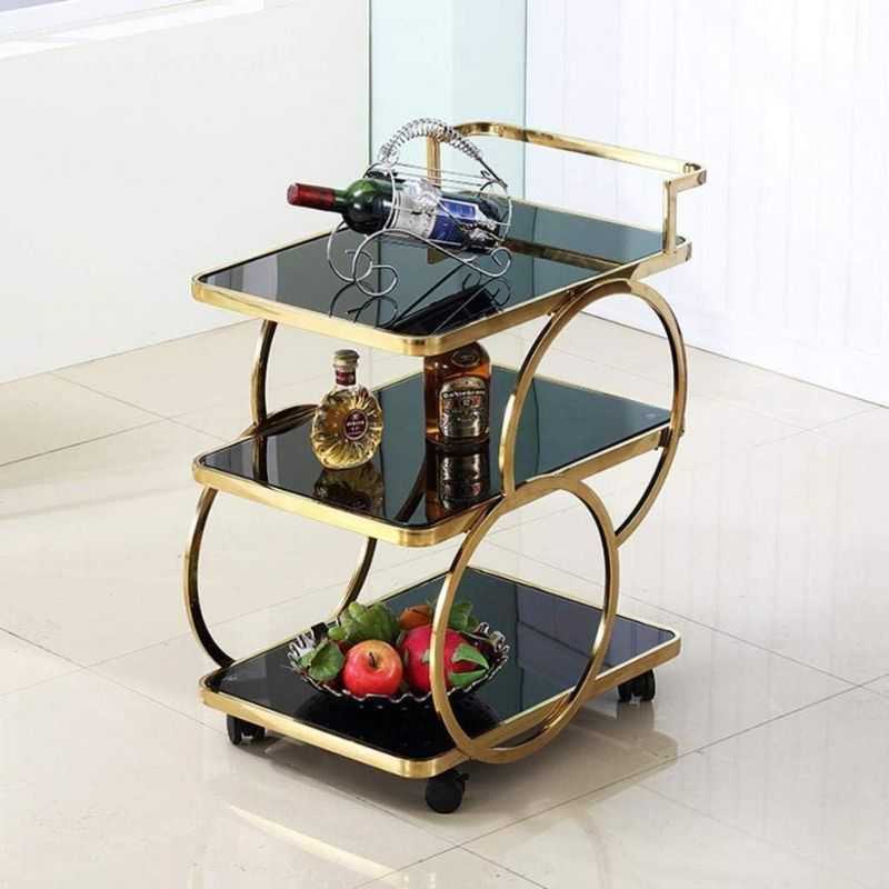 GoldServe Bar Serving Cart | Black Glass with Gold Frame | Three-Tier Trolley | Li...