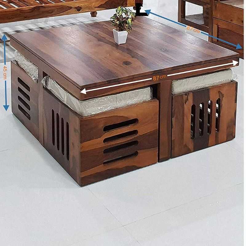 Solid Sheesham Wood Coffee Table Set – Modern Square Design – Honey Finish – Livin...