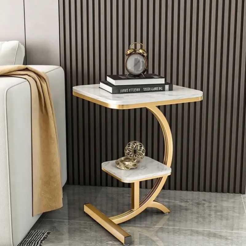 Astraea Side Table | White Marble Top with Gold Frame | Dual Shelf Design | Living...