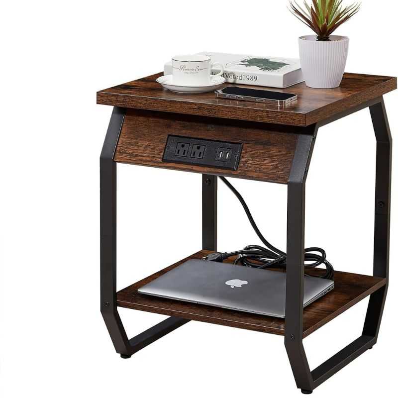 Rustic Smart Charging Sofa Side Table with Storage Shelf | Wooden Side Table with ...