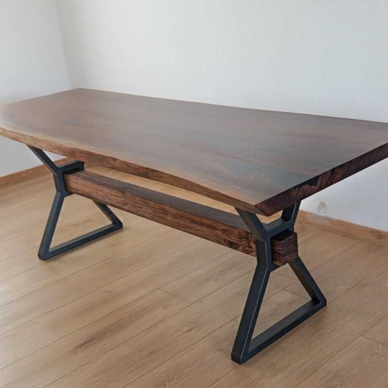 Geometric Acacia Wood Dining Table | Industrial Metal Base | 6-Seater | 60 x 36 x ...
