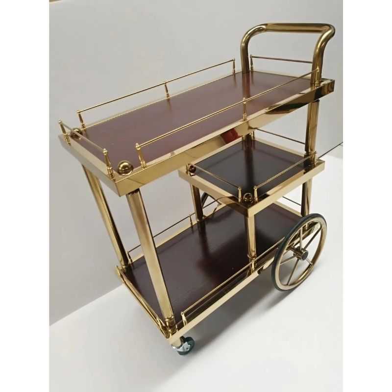 Luxury Gold Finish Bar Trolley with Wheels | 3-Tier Serving Cart for Home & Kitche...