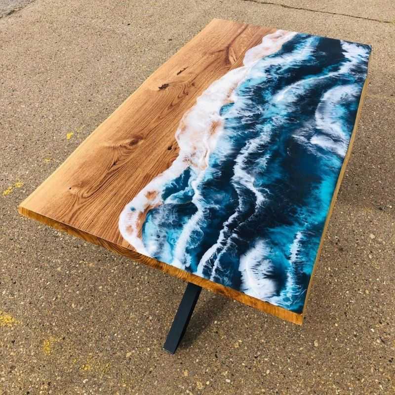 Wavy Beach Epoxy Resin Dining Table | Ocean Wave Epoxy Table for 6-Seater Dining,K...