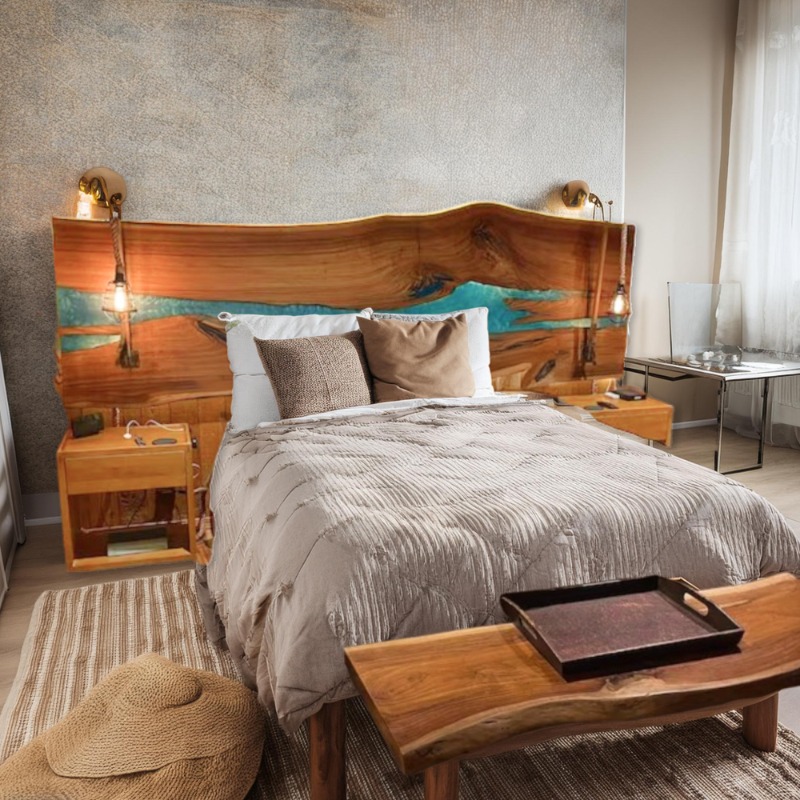 Epoxy resin live edge solid wood headboard | live edge wood headboard design for b...