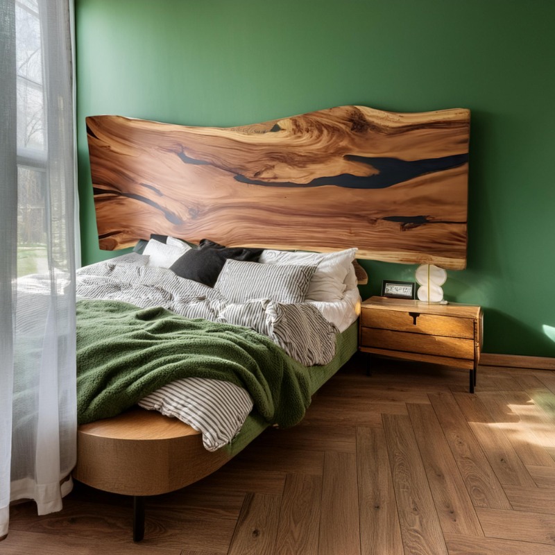 Live Edge Epoxy Resin Wood Headboard | Wall Mounted headboard Design | Black Epoxy...