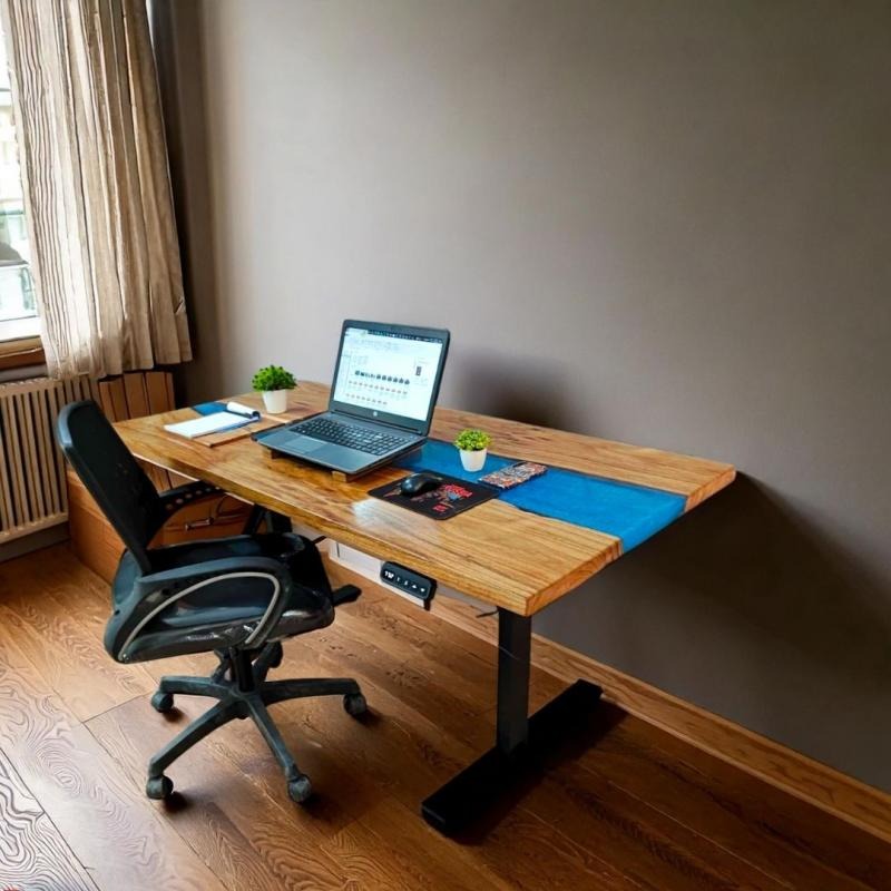 Suprema pearl blue height adjustable desk with black le...