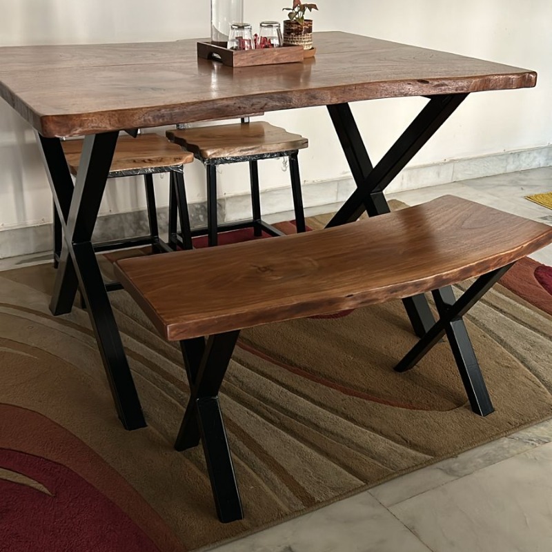 Woodensure Live Edge Solid Wood Dining Table with Bench & 2 Chairs – Stylish & Stu...