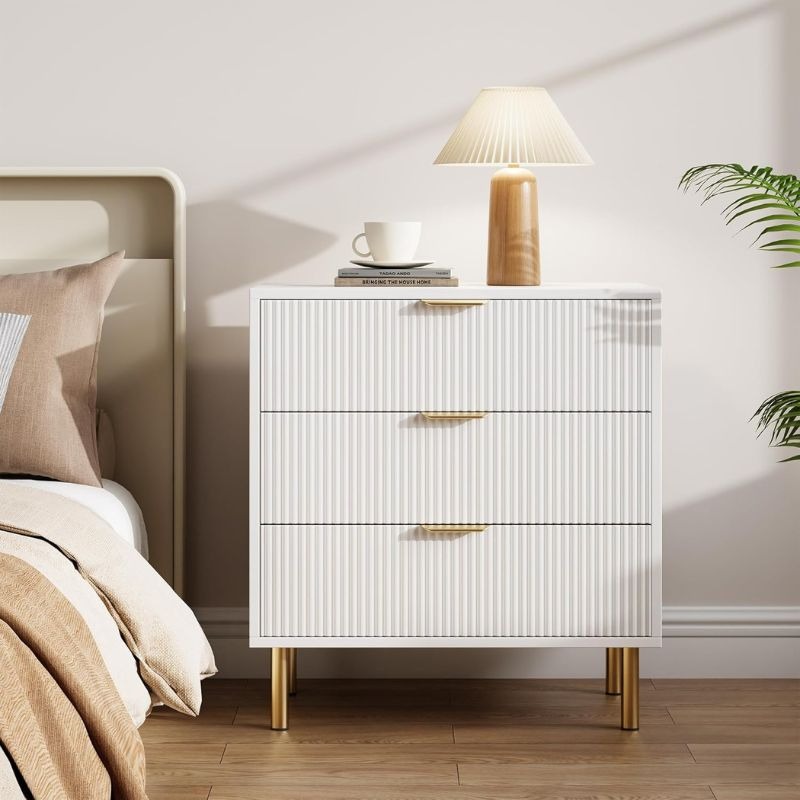 VELVET White Fluted Side Table in Engineered Wood – 3 Drawer Luxury Nightstand by ...