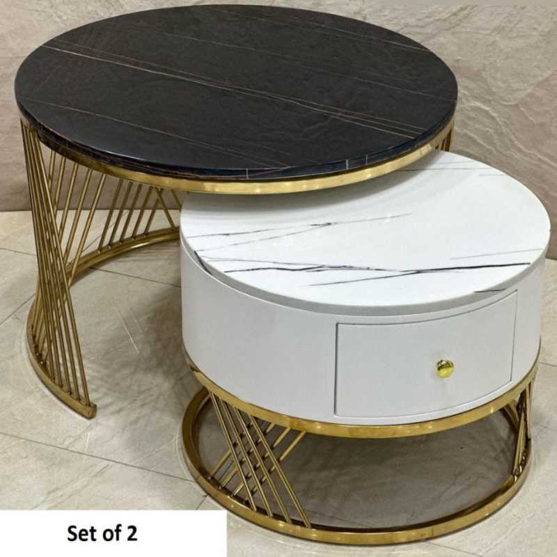 Ismera Center Table Set of 2 | Marble Tops with Gold Frame | Set of 2 with Drawer ...