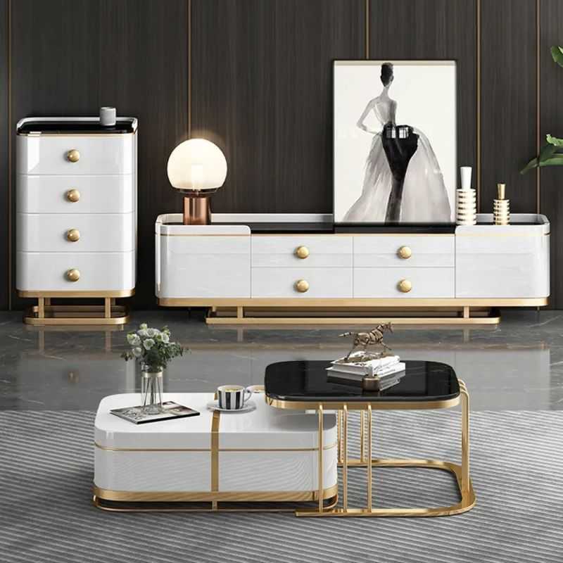 Luna Coffee Table Set | White Gloss with Gold Accents | Black Marble Top | Living ...