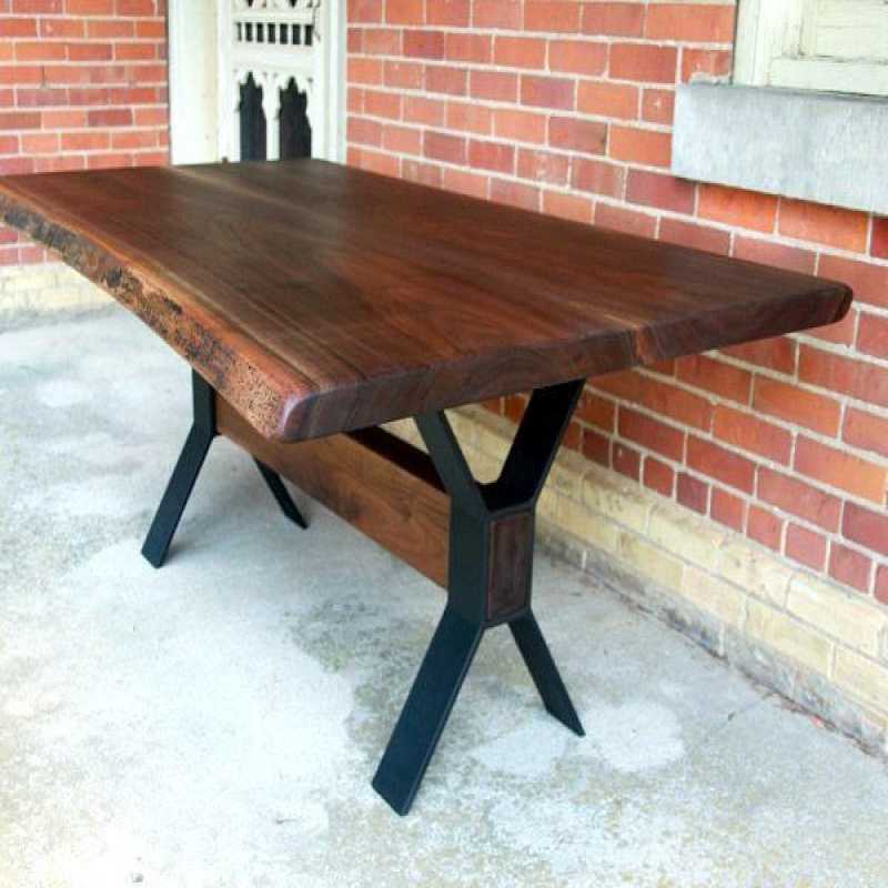 Geometric Acacia Wood Dining Table | Industrial Metal Base | 6-Seater | 60 x 36 x ...