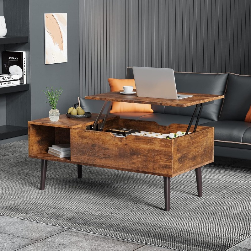 Modern Lift-Top Center Table with Hidden Storage & Side Shelves – Rustic Finish